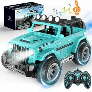 DEERC 1 16 Scale Remote Control Car with Fog Mist Music and RC Car Trailer Hitch 2.4Ghz All Terrain SUV Toy for Boys