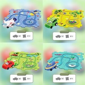 Funny RC Car Memes DIY Assembling Electric Trolley Childrens Educational Puzzle Track Car Play Set Battery Operated Toy Vehicle Puzzle Board RailCar Building Toys for Kids Ages 3 Plus 4 Set 5 PCS