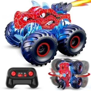 ScharkSpark Dinosaur Remote Control Car with 2 Batteries for RC Trucks 2.4GHz Monster Trucks for Boys Girls Featuring Light Sound and Spray