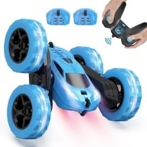 QUNREDA RC Rental Cars Stunt Toy for Kids 6+ with Rechargeable Battery and 360° Rotating Remote Control Blue