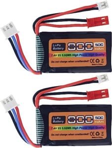Accessories 2PCS 7.4V LiPo 2S 50C JST and PH2.0 Plug 800mAh Battery for SCX24 RC Car Compatible with Most 1/10, 1/16, 1/18, 1/24 Scale RC car, Truck and RC Drone Batteries
