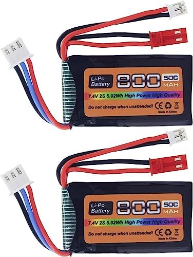 Accessories 2PCS 7.4V LiPo 2S 50C JST and PH2.0 Plug 800mAh Battery for SCX24 RC Car Compatible with Most 1/10, 1/16, 1/18, 1/24 Scale RC car, Truck and RC Drone Batteries
