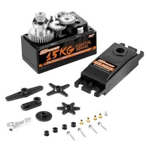 DSPOWER 15KG RC Waterproof Low Profile Servo, High Torque Metal Gear Short Body Digital Servos Motor with 25T Metal Arm for 1/8 1/10 1/12 RC Car Baja Boat Drones Aircraft Helicopter Robot (Black-300°)