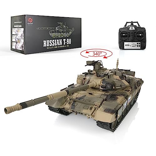 Wheelfun 2.4Ghz Heng Long 1/16 Scale RC Military Trucks T90 RTR RC Tank with 340° Rotating Turret and Smoking Unit