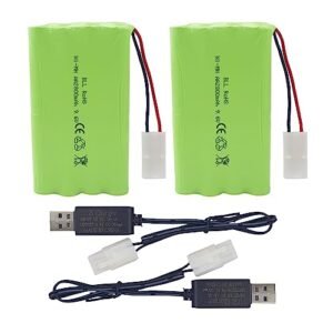 PUOO 2PCS AA 9.6V 2800mAh Rechargeable Battery with Tamiya Plug and USB Charging Cable for RC Toy Cars Trucks Tanks Engineering Vehicles RC Ships