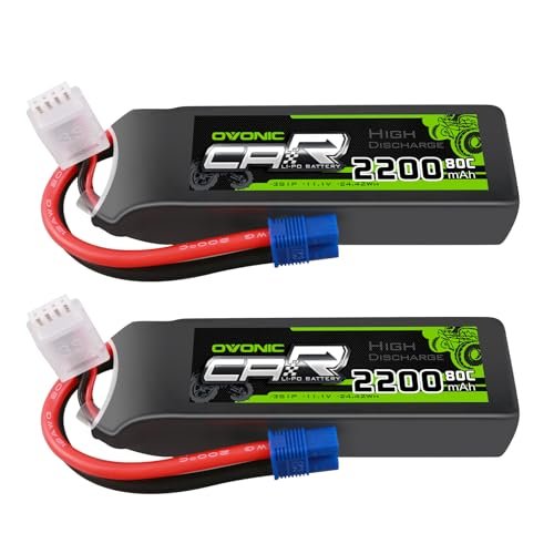 OVONIC 11.1V Lipo Battery 3S 80C 2200mAh with EC3 Connector for RC Trucks Trailers and Cars 1/8 1/10 Scale Models 2 Packs