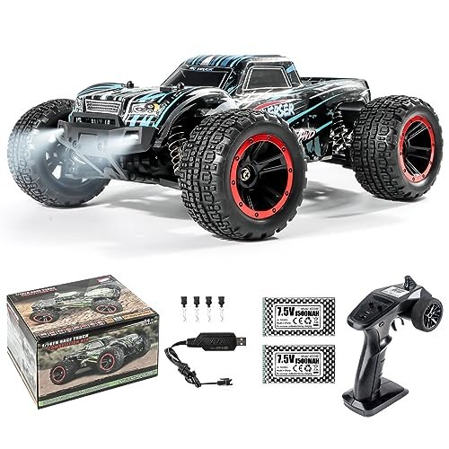 Double Delight Across RC Truck 1/14 Scale High Speed 38 KM H 4WD Off Road Remote Control Car with 2 Rechargeable Batteries for Boys and Adults Blue