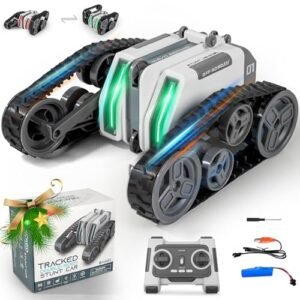 FUUY 2.4Ghz Remote Control Tank with LED Lights and 360 Degree Rotation Stunt RC Car for Kids Age 6 Plus