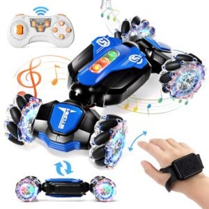 AIQI Remote Control Car 2.4GHz 4WD Gesture Sensing RC Stunt Toy Featuring Cool RC Car Body Designs Double Sided Rotating 360 Flips with Music and Lights Ideal Gift for Boys Aged 6 12 Blue