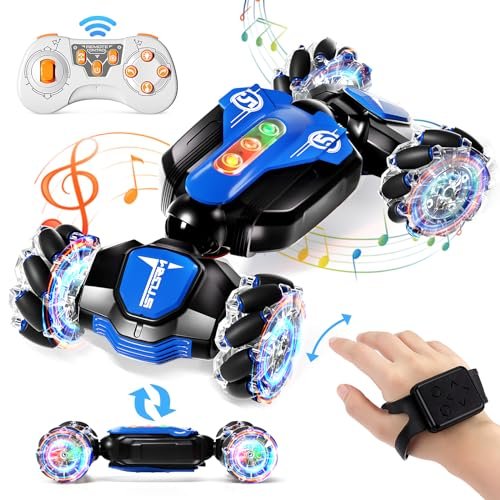 AIQI Remote Control Car 2.4GHz 4WD Gesture Sensing RC Stunt Toy Featuring Cool RC Car Body Designs Double Sided Rotating 360 Flips with Music and Lights Ideal Gift for Boys Aged 6 12 Blue