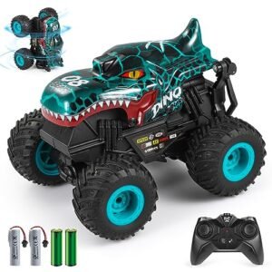 DYODYORC Stunt Truck RC 2.4Ghz All Terrain Dinosaur Monster Toy with Music and 3 Lighting Effects Ready to Run Gift for Kids Cyan
