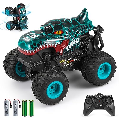 DYODYORC Stunt Truck RC 2.4Ghz All Terrain Dinosaur Monster Toy with Music and 3 Lighting Effects Ready to Run Gift for Kids Cyan