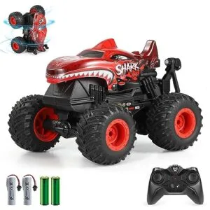 DYODYORC Monster Truck Shark RC 2.4Ghz All Terrain Remote Control Car with Music and 3 Lighting Effects 360 Stunt Capable Toy for Boys and Girls Red