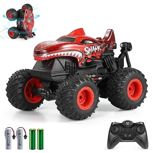 DYODYORC Monster Truck Shark RC 2.4Ghz All Terrain Remote Control Car with Music and 3 Lighting Effects 360 Stunt Capable Toy for Boys and Girls Red