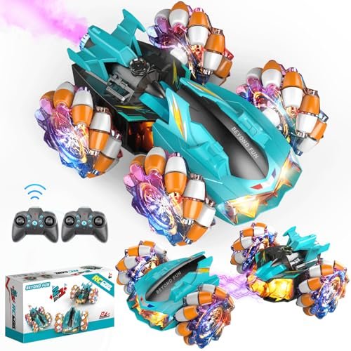Rechargeable 2.4GHz Remote Control 2 in 1 RC Cars with Lights and Spray for Boys Kids Age 3 12 Double Side Drift 360 Rotating Race Stunt Fast Toy