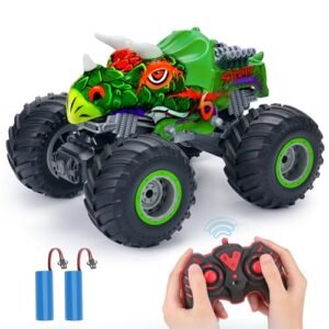 PREBOX Juggernaut RC Monster Truck Dinosaur Car Toy for Kids Age 4 12 with Music Lights and Rechargeable Batteries