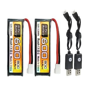 PUOO 2PCS 1S 3.8V 80C 600mAh 51005-2P Plug High Discharge Rate Lithium Battery with USB Charging Cable suitable for Mini FPV Racing Drone RC Remote Control Drone Spare Batteries