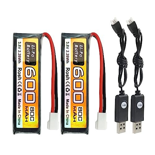 PUOO 2PCS 1S 3.8V 80C 600mAh 51005-2P Plug High Discharge Rate Lithium Battery with USB Charging Cable suitable for Mini FPV Racing Drone RC Remote Control Drone Spare Batteries
