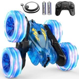 Speedy RC 4WD Truck Stunt Car with LED Lights Fast USB C Charging Rechargeable Remote Control Toy for Kids Ages 5 12 Blue
