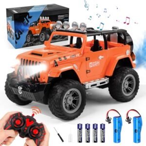 FUUY Remote Control Car with Spray - RC Cars with Spade Toy & 2 Batteries for 50Min Play Remote Control Jeep with Trailer Hitch Multifunctional RC Jeep Car Toys Gifts for Kids Age 6+, 1:16, Orange