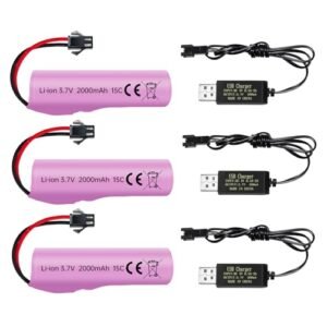 sea jump 3PCS 3.7V 2000mah SM-2P Plug Lithium Battery with USB Charging Cable for DE68 DE44 DE45W DE45 DE58 DE49 DE57 DE70 Off-Road Vehicle Truck Tank RC Remote Control Toy Car Battery