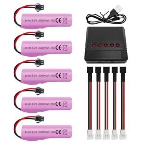 Fytoo 5PCS 3.7V 2000mah SM-2P Plug Li-ion Battery with 5-in-1 Charger for DE68 DE44 DE45W DE45 DE58 DE49 DE57 DE70 Off-Road Vehicle Truck Tank RC Toy Car Battery