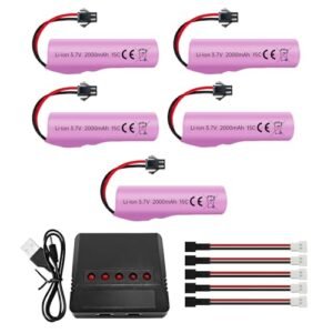 Sea Jump 5PCS 3.7V 2000mAh SM 2P Plug Lithium Battery with 5in1 Charger for DE68 DE44 DE45W DE45 DE58 DE49 DE57 DE70 RC Toy Cars
