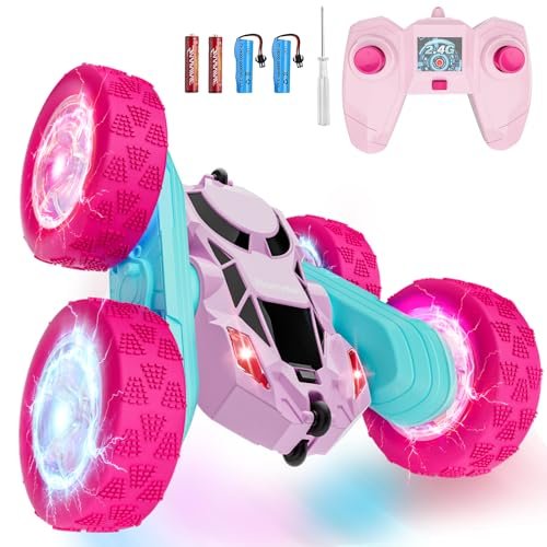 SpeedyRacer Pink 4WD RC Car Remote Control Kit Rechargeable 360 Rotating Stunt Toy for Kids Ages 6 12