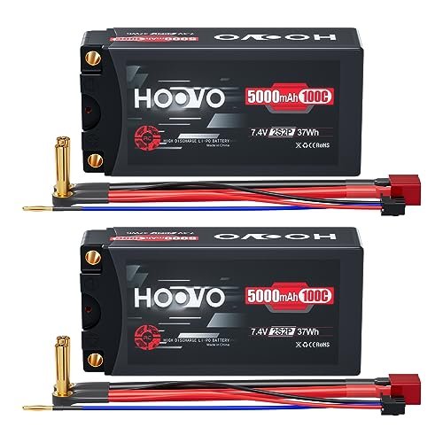 HOOVO 2S Shorty Lipo Battery 7.4V 100C 5000mAh Hard Case with 5mm Bullet Connector for 1/10 Scale RC Trail Trucks Cars Boats 2 Pack