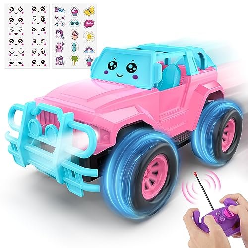 WCM 1 4 Scale RC Cars Pink Remote Control Truck for Kids with LED Headlights and DIY Stickers Ideal Gift for Toddlers Girls Boys