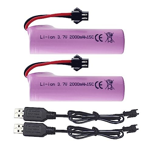 PUOO 2PCS 3.7V 2000mAh SM 2P Plug Lithium Battery with USB Charging Cable for DE68 DE44 DE45W DE45 DE58 DE49 DE57 DE70 RC Toy Cars