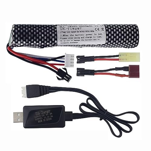 PUOO 3S 11.1V 2000mAh Li ion Battery with SM 2P Plug Connector Adapter and USB Charging Cable for Airsoft Gel Water Droplet Blaster Air Gun Gel Ball Shock Wave