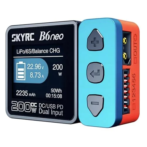 SKYRC B6Neo Triton RC Battery Charger for 1S 6S Lipo Li Ion LiHV NiMH NiCd Batteries with 200W DC 80W PD Smart Charging Discharging Storage Modes Blue Red
