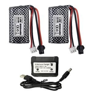 2PCS 7.4V 800mAh SM Plug Lithium Battery and 2-in-1 Charger suitable for WPL C24 D12 RC Truck Anstoy 1085 1086 1087 1088 Gel Ball Blasting Machine SYMA Q12 RC Boat Spare Batteries