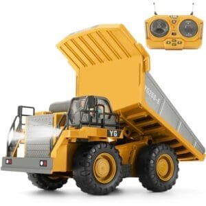 KIZJORYA RC Dump Truck Metal 1/20 Scale Construction Vehicle with 9 Channel Remote Control Rechargeable Battery for Kids Age 3 and Up