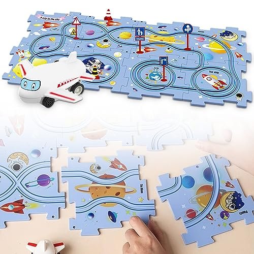 DIY Assembling Electric vs Nitro RC Car Track Play Set with Vehicles Rail Car Building Toys STEM Educational Birthday Gift for Kids Ages 3-5 15 PCS Space Theme