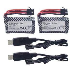 Sea Jump 2PCS 7.4V 700mAh Lithium Battery with USB Charging Cable for Sea Runner RC Boat HJ812 HJ811 High Speed Electric Fast Boat Battery SM 4P Plug