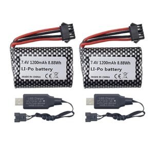 Sea Jump 2PCS 7.4V 1200mah Lithium Battery with USB Charging Cable Perfect for RC Badlands Tires and Remote Control Ships R206 R208 R308 TX122 TX123 H106 2008 V003