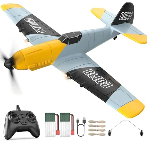 DEERC RC Glider Airplane BF 109 3 Channel Remote Control Plane with 6 Axis Gyro Stabilizer and 2 Batteries for Beginners Adults Kids
