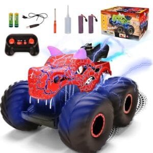 Onadrive Monster Energy RC Monster Truck Remote Control Dinosaur Car Toys for Kids with Spray Light Sound Features All Terrain Stunt Capabilities for Ages 4 12 Red