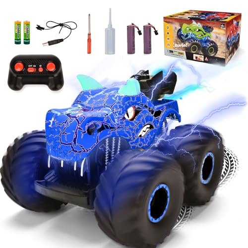 Onadrive 1/5 Electric RC Monster Truck Remote Control Dinosaur Car Toy for Kids with Spray Light Sound Rechargeable All Terrain Blue