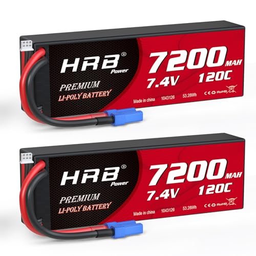 HRB 2packs 2S 7200mAh Lipo Battery with EC5 Plug 7.4V 120C Hardcase for Dodge Raminator RC Truck