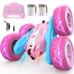 NUOKE Fisca RC Stunt Car Pink Rechargeable 2.4Ghz 360 Rotating Remote Control Toy Truck for Girls Kids Age 3 Plus
