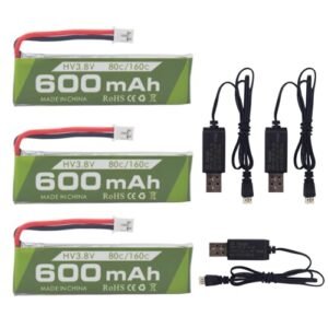 Sea Jump 3PCS 1S 3.8V 80C 600mAh Lithium Battery with JST PH 2.0 Plug and USB Charging Cable for Tinyhawk Mini FPV Racing Cars and RC Drones