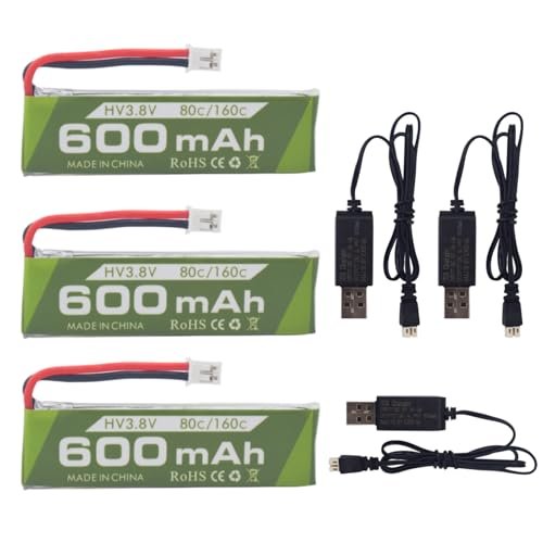 Sea Jump 3PCS 1S 3.8V 80C 600mAh Lithium Battery with JST PH 2.0 Plug and USB Charging Cable for Tinyhawk Mini FPV Racing Cars and RC Drones