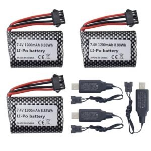 Sea Jump 3PCS 2S 15C 7.4V 1200mAh Lithium Battery and USB Charging Cable Set for Tyco RC Airblade Hovercraft R206 R208 R308 TX122 TX123 H106 2008 RC Boat with SM 5P Plug