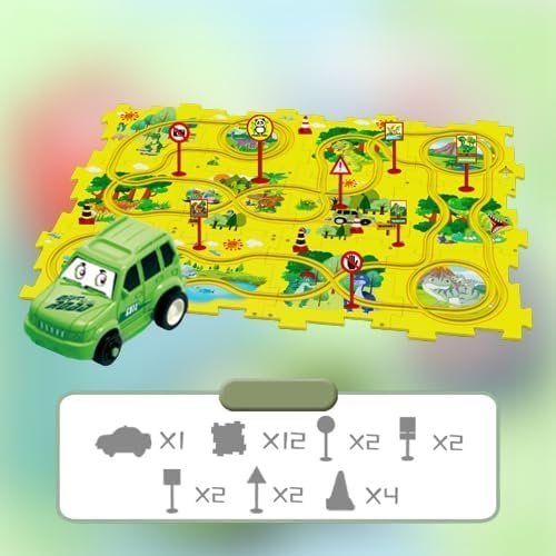 DIY Assembling Electric Trolley, Children's Educational Track Car Set, Toddler Puzzle Track Play Set with Vehicles, Rail Car Building Toys Puzzle DIY Electric Train Track for Kids (25PCS, Dinasour)