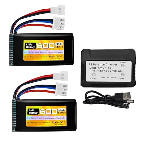 Fytoo 2PCS 7.4V 600mAh 35C 2S Lipo Battery with Molex Plug and 2 IN1 Charger for FMS FCX24 RC Models