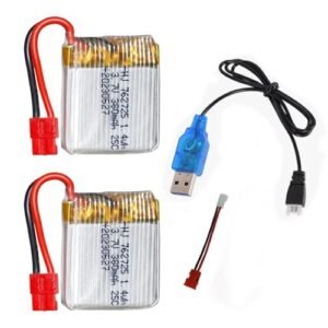 2 Pcs 3.7V 380mAh 20C Rechargeable Lipo Battery with USB Charger for Syma X21 X21W X26 X26A RC Quadcopter Drone Spare Parts Compatible with RC R44