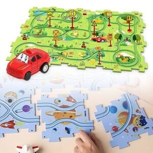 Blautal RC Car Racer DIY Assembling Electric Trolley Puzzle Track Play Set with Vehicles for Kids Ages 3+